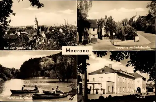 Ak Meerane in Sachsen, Blick vom Moeschlerweg, Wehrgasse und Friedrichstraße, Gondelteich, Bahnhof