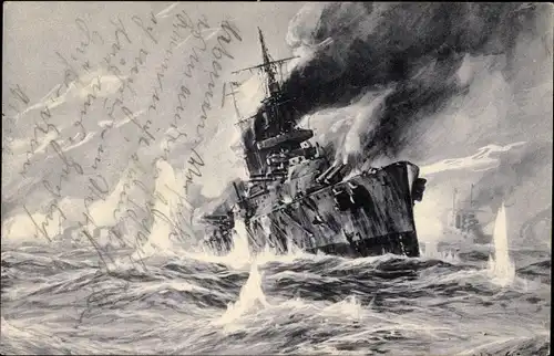 Künstler Ak Stöwer, Willy, Deutsches Kriegsschiff, Seegefecht in der Nordsee am 24. Januar 1915