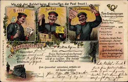 Litho Wie sich der Soldat beim Eintreffen der Post freut, Porto Ermäsigungen, Soldatenbrief