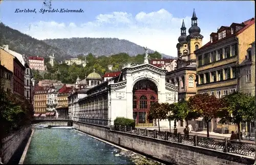Ak Karlovy Vary Karlsbad Stadt, Sprudelkolonnade, Kirchtürme