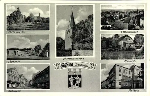 Wappen Ak Bünde im Kreis Herford, Bahnhof, Elsepartie, Mühle, Rathaus, Laurentiuskirche
