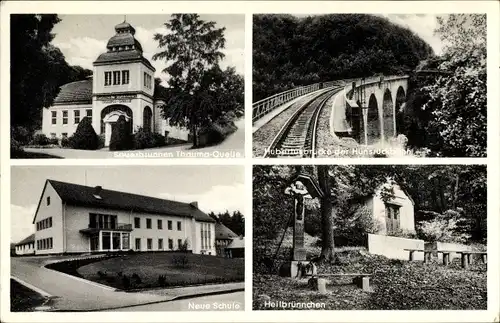 Ak Emmelshausen Hunsrück, Sauerbrunnen Thauma Quelle, Hubertusbrücke, Neue Schule, Heilbrünnchen