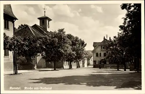 Ak Korntal Münchingen im Kreis Ludwigsburg, Partie an der Kirche mit Rathaus