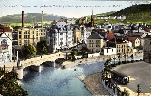 Ak Aue im Erzgebirge Sachsen, Blick auf die König Albert Brücke, Mündung v. Schwarzwasser und Mulde 
