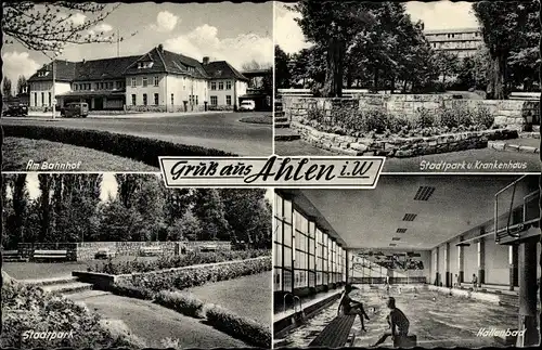 Ak Ahlen im westfälischen Münsterland, Bahnhof von der Straße, Stadtpark, Krankenhaus, Hallenbad