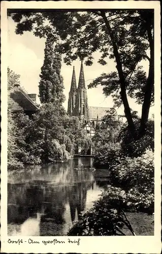 Ak Soest in Nordrhein Westfalen, Am großen Teich, Blick zur Kirche