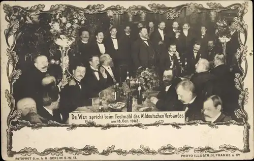 Passepartout Ak Christiaan de Wet spricht beim Festmahl des Alldeutschen Verbandes, 18. Oktober 1902