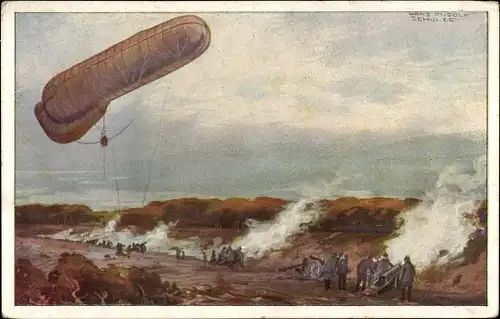 Künstler Ak Schulze, Hans Rudolf, Fesselballon unter Artilleriewirkung beobachtend