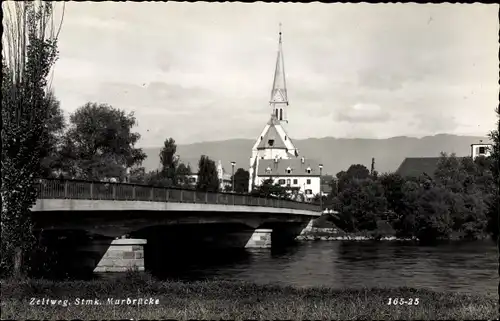 Ak Zeltweg Steiermark, Partie an der Murbrücke, Kirche