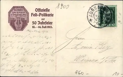 Ak Augsburg in Schwaben, Festhalle im Stadtgarten, 50jh Feier Schwäb. Bayerisch. Sängerbund 1913