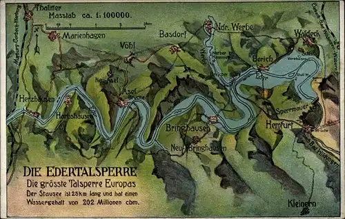 Landkarten Ak Vöhl in Nordhessen, Edertalsperre und Umgebung, Hemfurt, Bringhausen, Waldeck
