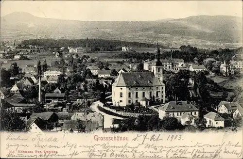 Ak Großschönau im Kreis Görlitz, Panorama vom Ort, Seitenansicht der Kirche