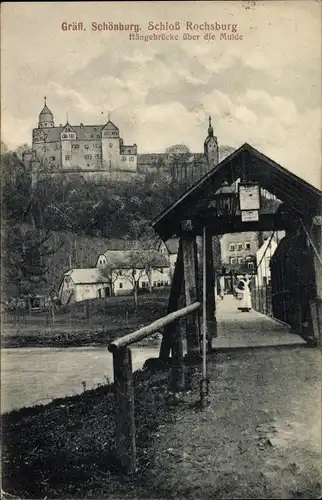 Ak Rochsburg Lunzenau Sachsen, Gräfliche Schönburg, Hängebrücke über die Mulde