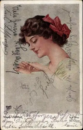 Künstler Ak Gnischaf, Ruab, Sein Ring, Frau mit Ring am Finger, Schleife im Haar, Portrait