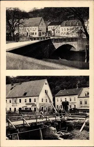 Ak Berggießhübel in Sachsen, Brücke vor und nach dem Unwetter 1927, Zerstörungen