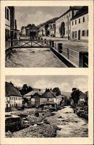 Ak Berggießhübel, Hauptstraße, Fluss, Brücke, Hochwasser am 08/09. Juli 1927