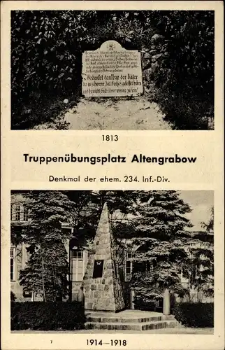 Ak Altengrabow Möckern in Sachsen Anhalt, Truppenübungsplatz, Denkmal der ehemaligen 234 Inf.-Div.