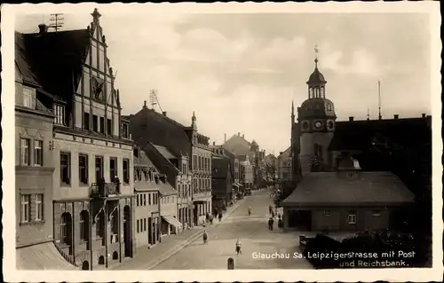 Ak Glauchau Sachsen, Leipziger Strasse mit Post, Reichsbank