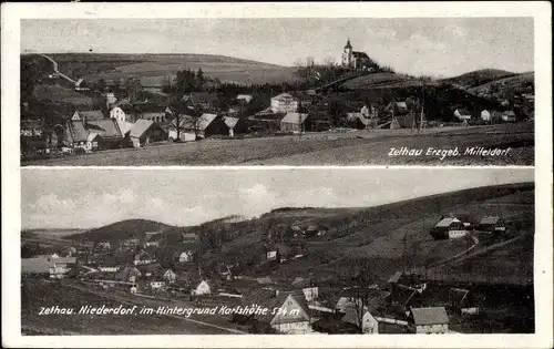 Ak Zethau Mulda im Erzgebirge, Mitteldorf und Niederdorf mit Karlshöhe
