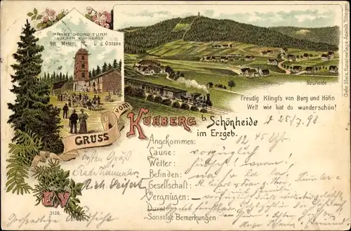 Litho Schönheide im Erzgebirge Sachsen, Neuheide, Prinz Georg Turm auf dem Kuhberg, Eisenbahn