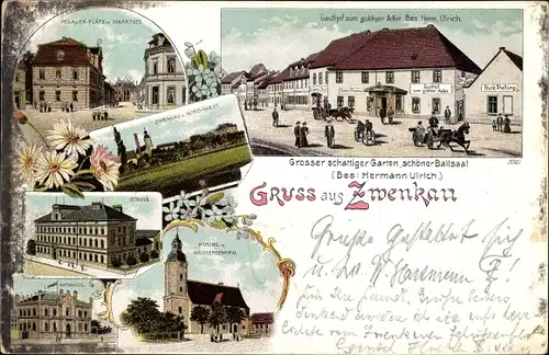 Litho Zwenkau Sachsen, Gasthof zum goldenen Adler, Inh. Herm. Ulrich, Pegauer Platz,Schule,Kirche