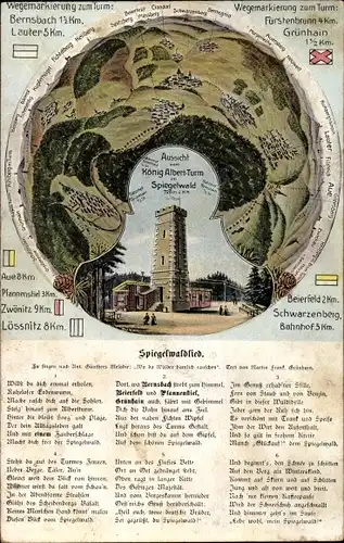 Ak Grünhain Beierfeld im Erzgebirge Sachsen, Aussicht vom König Albert Turm im Spiegelwald, Lied