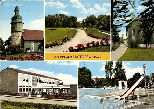 Ak Hattorf am Harz, Kirche, Parkanlagen, Schwimmbad, Straßenpartie
