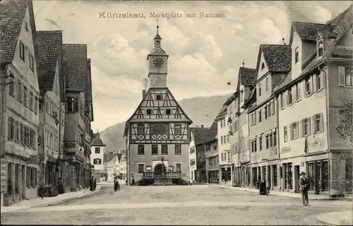 Ak Künzelsau im Hohenlohekreis Baden Württemberg, Marktplatz mit Rathaus, Schneiderei