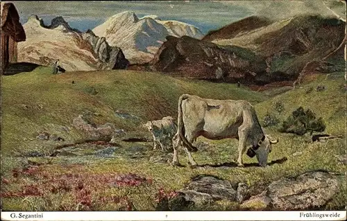 Künstler Ak Segantini, Giovanni, Frühlingsweide, Kühe auf der Alm, Gebirge
