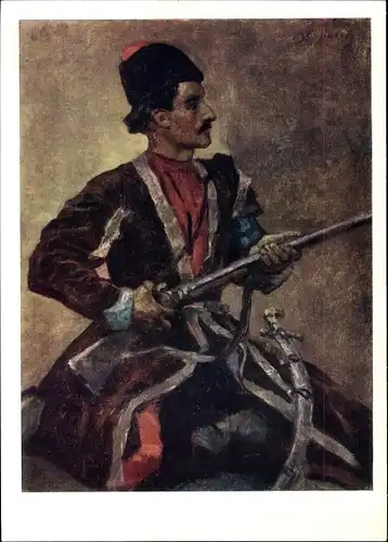 Künstler Ak Surikow, W. I., Kasak, Mann mit Uniformjacke und Gewehr