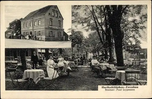 Ak Zwenkau in Sachsen, Gastwirtschaft Harthschlösschen, Inh. Paul Lippmann, Gäste im Garten