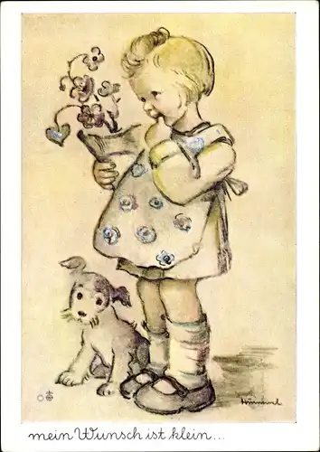 Künstler Ak Hummel, Mein Wunsch ist klein, Mädchen mit Blumentopf, Hund, Nr. 5900