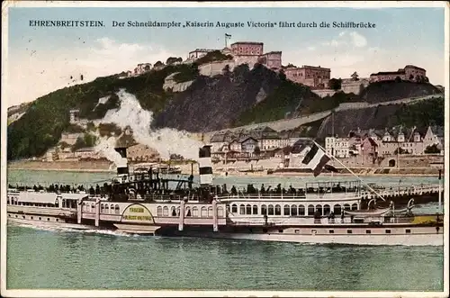 Ak Ehrenbreitstein Koblenz am Rhein, Schnelldampfer Kaiserin Auguste Victoria passiert Schiffbrücke