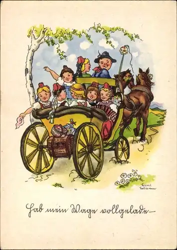 Künstler Ak Lauterborn, Liesel, Hab mein Wage vollgelade, Pferdekutsche voller Mädchen