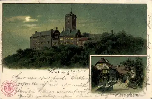 Mondschein Litho Lutherstadt Eisenach in Thüringen, Blick zur Wartburg, erster Hof in der Wartburg