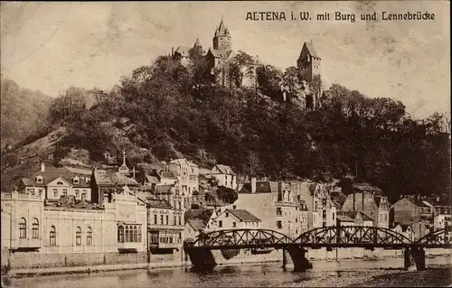 Ak Altena im Märkischen Kreis, Teilansicht der Stadt mit Burg und Lennebrücke