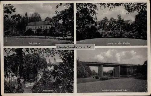 Ak Deutschenbora Nossen Landkreis Meißen, Teichpartie, Kirche, Ortsansicht, Autobahnbrücke