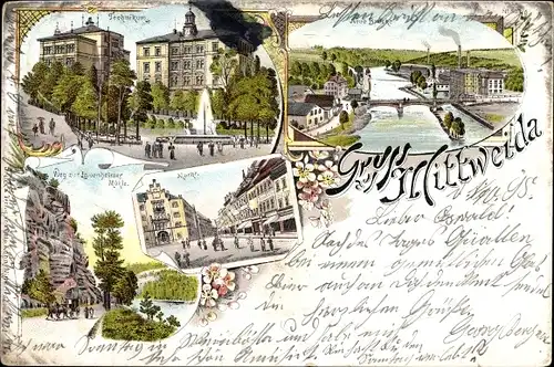 Litho Mittweida in Sachsen, Technikum, Markt, Neue Brücke, Lauenheimer Mühle