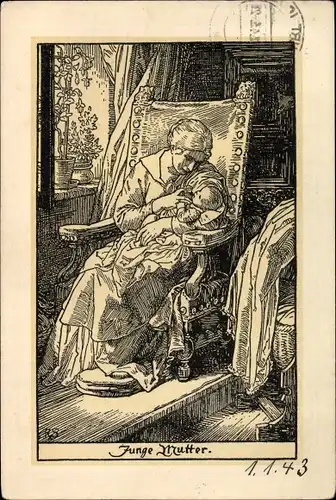 Künstler Ak Schäfer, Rudolf, Junge Mutter, Frau mit Kind im Arm auf einem Stuhl sitzend