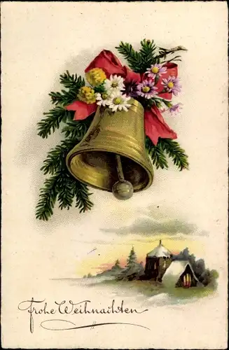 Litho Frohe Weihnachten, Glocke mit Tannenzweig und Blumen, Kirche, Winterlandschaft