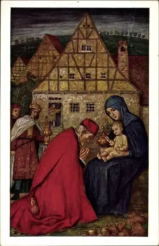 Künstler Ak Schiestl, Matthäus, Die Heiligen Drei Könige besuchen das Jesuskind