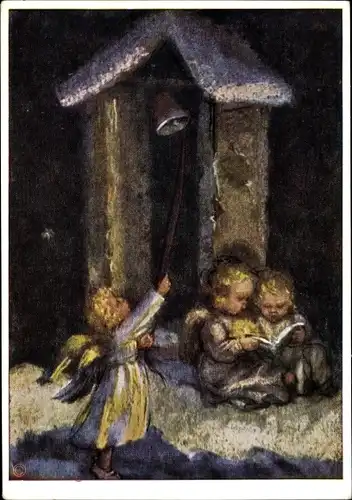 Künstler Ak Spötl, Maria, Engel lesen bei Kerzenlicht, Glocke