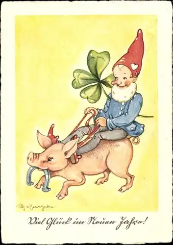 Künstler Ak Baumgarten, Tilly von, Glückwunsch Neujahr, Zwerg auf einem Schwein, Kleeblatt, Hufeisen