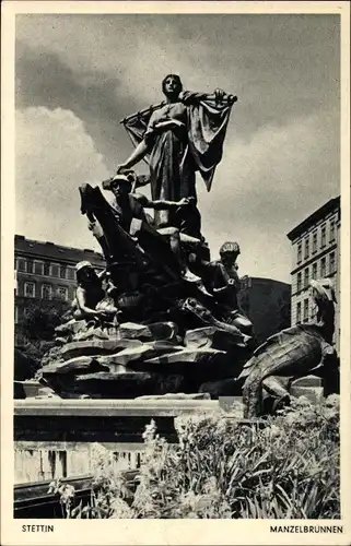 Ak Szczecin Stettin Pommern, Blick auf den Manzelbrunnen, Ludwig Manzel