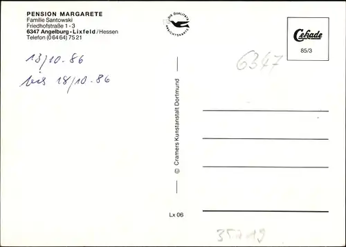 Ak Angelburg Lixfeld im Landkreis Marburg Biedenkopf, Pension Margarete, Inh. Santowski