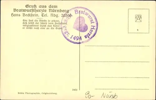 Ak Nürnberg in Mittelfranken Bayern, Bratwurstherzle, Inh. Hans Beckstein, Veit Stoß Zimmer