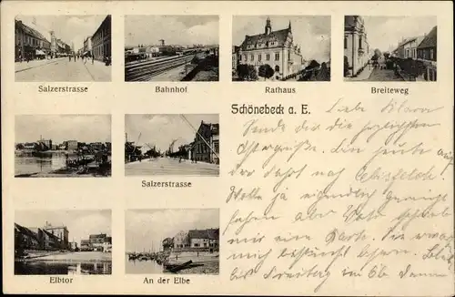 Ak Schönebeck in Sachsen Anhalt, Bahnhof, Rathaus, Elbtor, Breiteweg, Salzerstraße