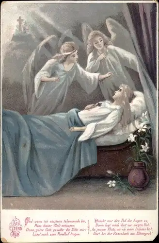 Litho Das Eltern Grab, zwei Engel am Sterbebett, und wenn ich einst lebensmüde