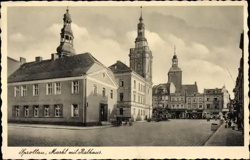 Ak Szprotawa Sprottau Schlesien, Marktplatz mit Rathaus, Rynek, Ratusz