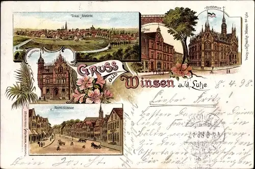 Litho Winsen an der Luhe, Totalansicht von Ort, Rathaus, Post, Marktstraße, Apotheke